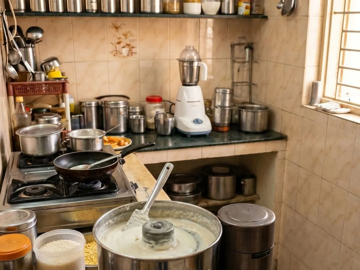 A small South Indian kitchen with steel vessels and a batter station
